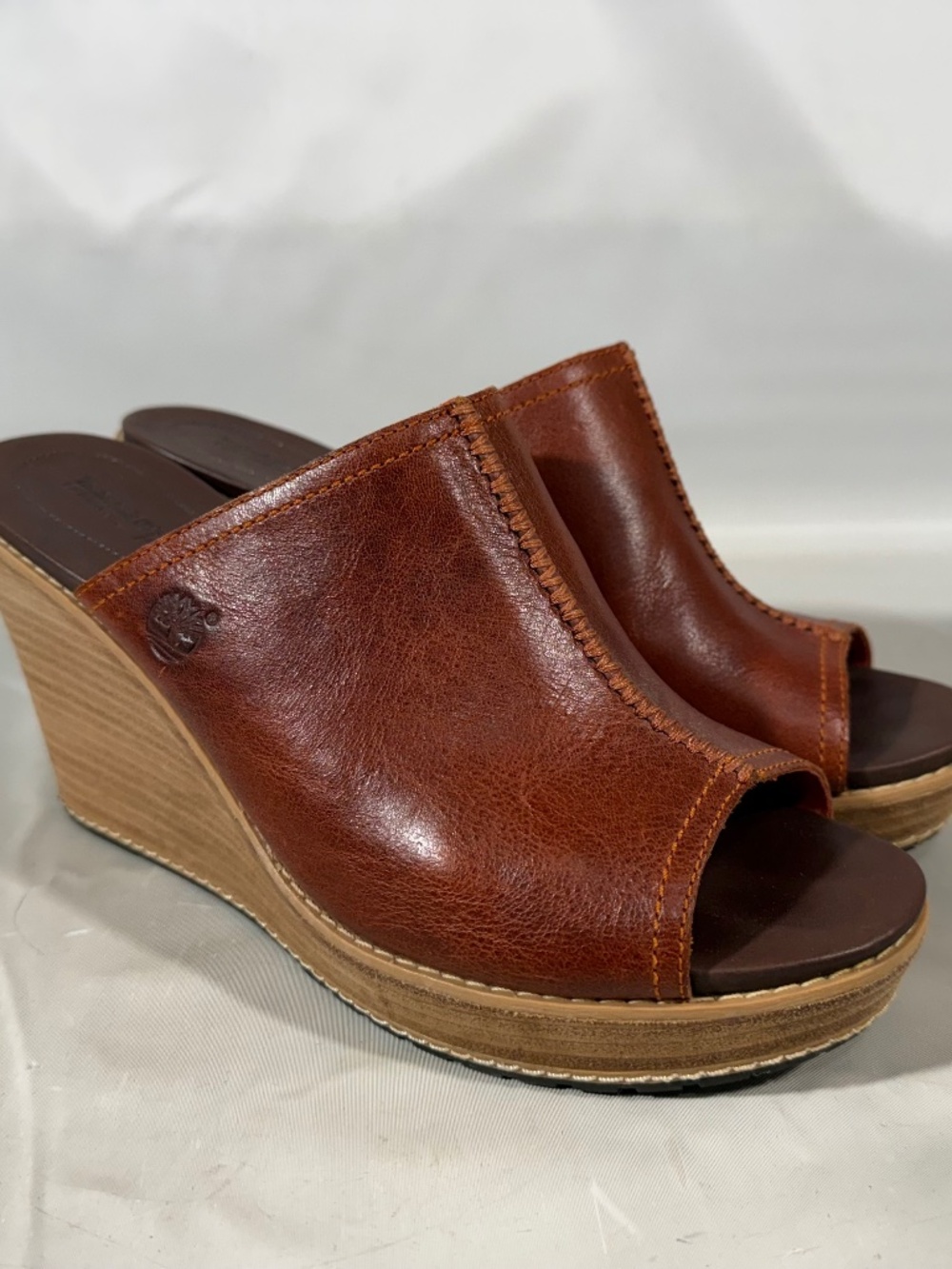 Timberland Earthkeepers Wedge Peep Toe Mules Sandals Platform Brown Leather 9.5